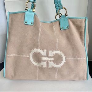 Salvatore Ferragamo Canvas and Turquoise tote